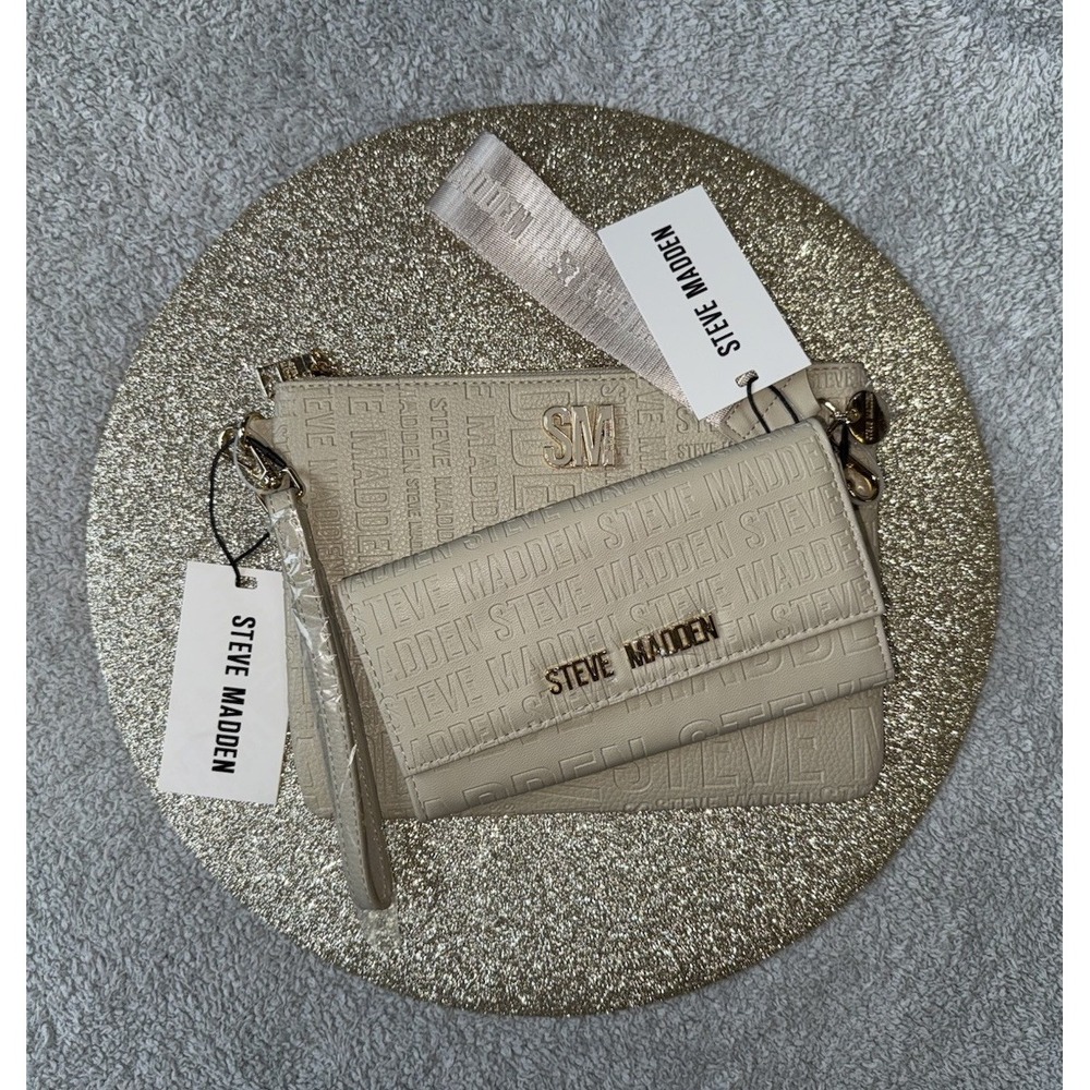 Steve Madden Embossed Logo Handle Wallet 8" x 4" AND Wristlet 9.5" x 7" Oatmeal